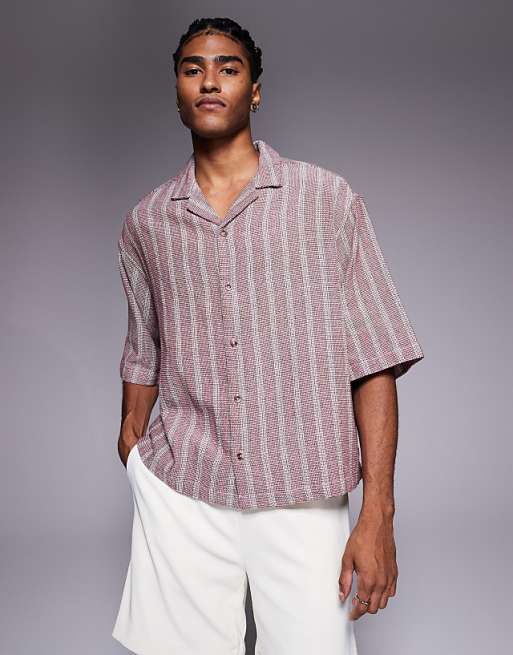 DESIGN boxy oversized textured shirt in burgundy stripe