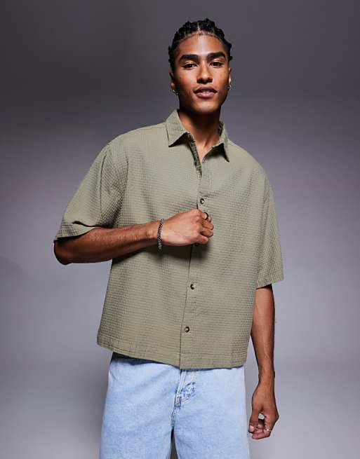 DESIGN boxy oversized textured shirt in khaki