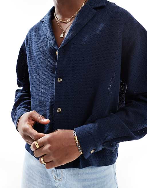 DESIGN Boxy Oversized Textured Shirt In Navy
