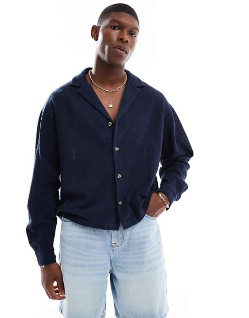 DESIGN boxy oversized textured shirt in navy