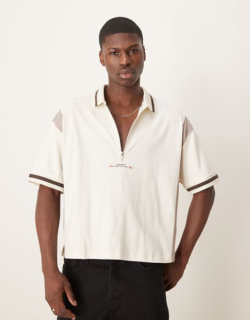 DESIGN Boxy Oversized Zipped Polo With Cut And Sew Panelling And Text Graphic In Cream