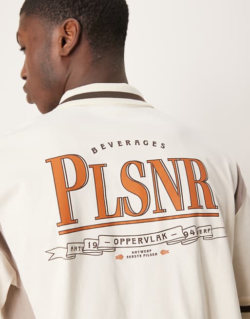 DESIGN Boxy Oversized Zipped Polo With Cut And Sew Panelling And Text Graphic In Cream