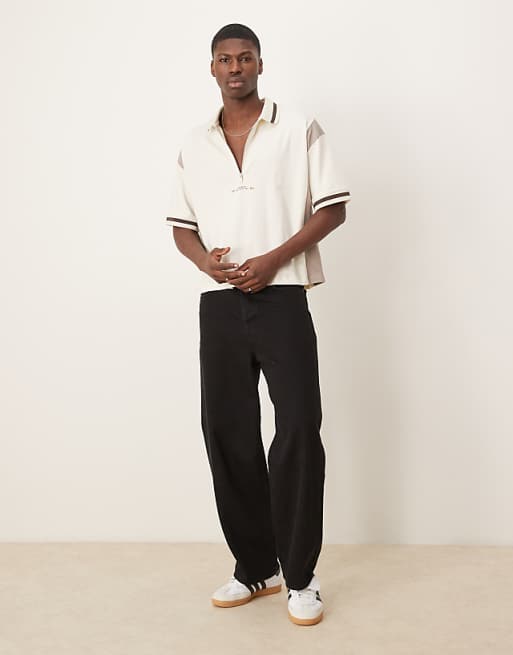 DESIGN Boxy Oversized Zipped Polo With Cut And Sew Panelling And Text Graphic In Cream
