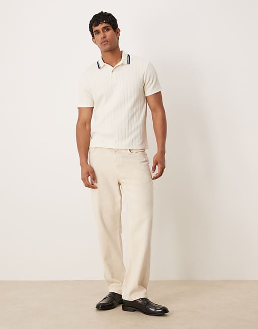 DESIGN Boxy Polo With Tipped Collar In Beige Knitted Rib