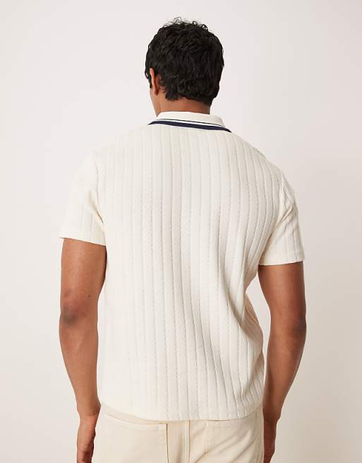 DESIGN Boxy Polo With Tipped Collar In Beige Knitted Rib