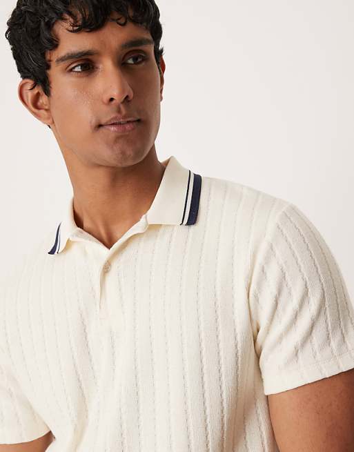 DESIGN Boxy Polo With Tipped Collar In Beige Knitted Rib