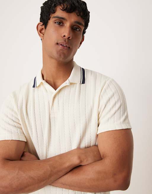 DESIGN boxy polo with tipped collar in beige knitted rib