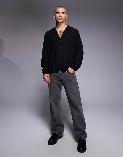 DESIGN Boxy Regular Fit Shirt With Low Revere Collar In Black