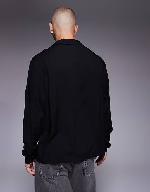 DESIGN Boxy Regular Fit Shirt With Low Revere Collar In Black