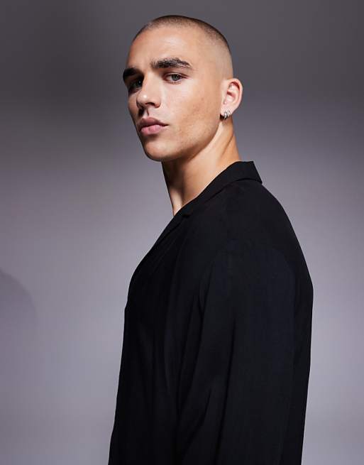 DESIGN Boxy Regular Fit Shirt With Low Revere Collar In Black