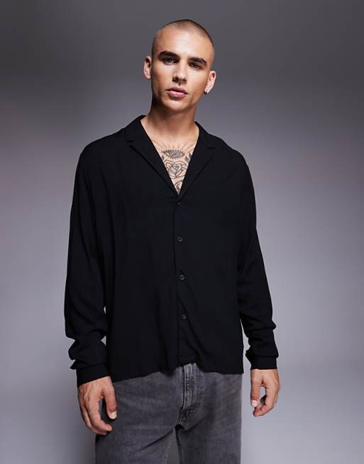 DESIGN boxy regular fit shirt with low revere collar in black