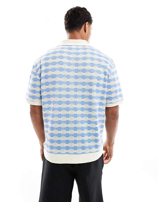 DESIGN Boxy Relaxed Heavyweight Polo In Blue And White Textured Stripe