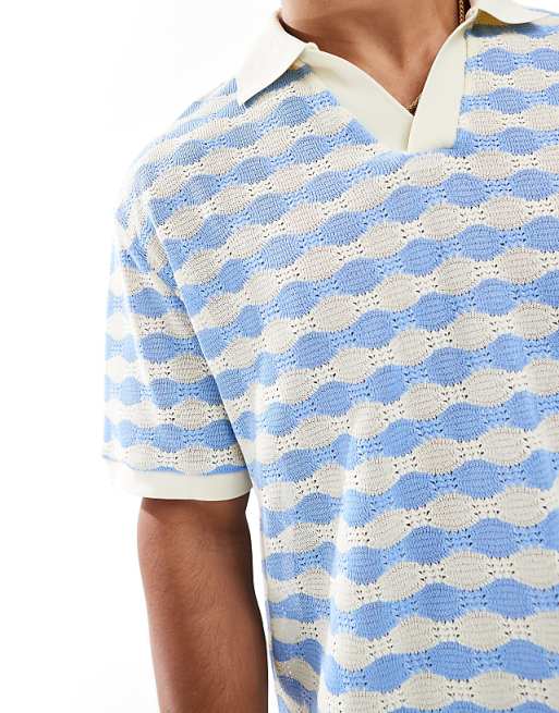 DESIGN Boxy Relaxed Heavyweight Polo In Blue And White Textured Stripe