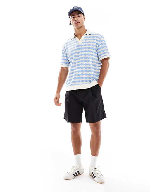DESIGN Boxy Relaxed Heavyweight Polo In Blue And White Textured Stripe