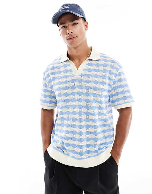 DESIGN boxy relaxed heavyweight polo in blue and white textured stripe