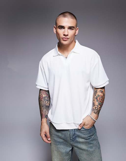 DESIGN boxy relaxed polo in off white textured rib