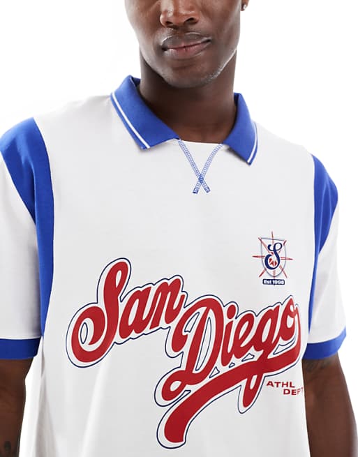 DESIGN Boxy Relaxed Polo With City Graphic And Panelling In White And Blue