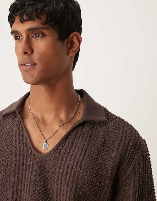 DESIGN Boxy Relaxed Polo With Open Collar In Brown Texture
