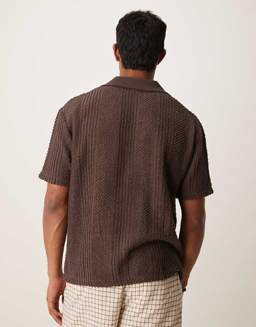 DESIGN Boxy Relaxed Polo With Open Collar In Brown Texture