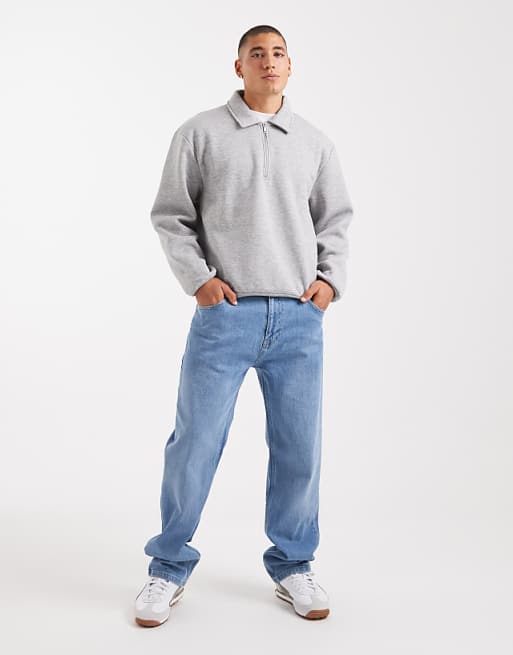 DESIGN Boxy Relaxed Quarter Zip Rugby Sweatshirt In Grey