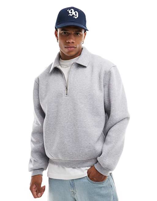 DESIGN Boxy Relaxed Quarter Zip Rugby Sweatshirt In Grey