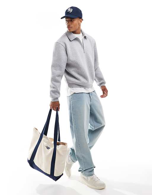 DESIGN boxy relaxed quarter zip rugby sweatshirt in grey