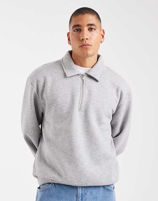 DESIGN boxy relaxed quarter zip rugby sweatshirt in grey
