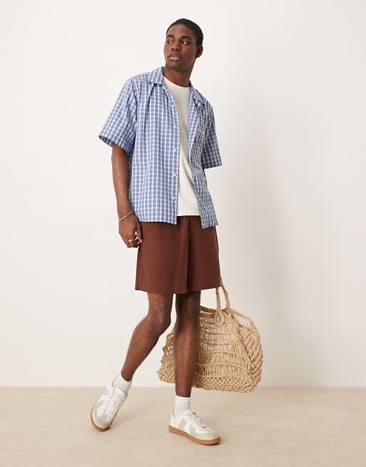DESIGN Boxy Relaxed Revere Shirt With Chest Embroidery In Blue