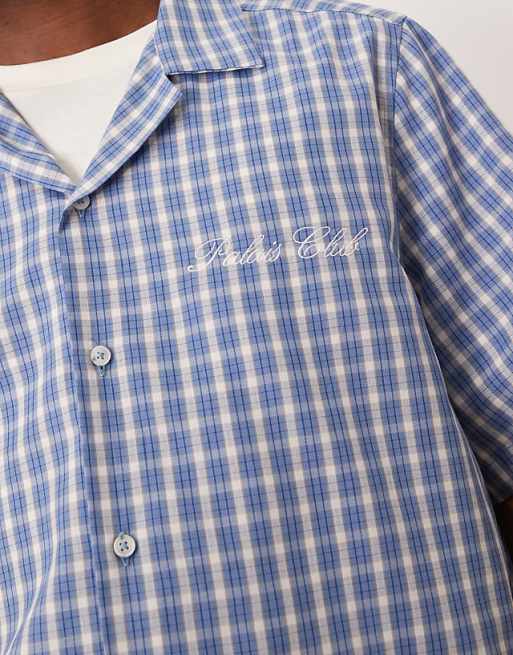 DESIGN Boxy Relaxed Revere Shirt With Chest Embroidery In Blue