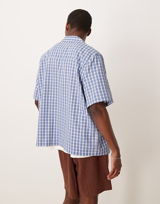 DESIGN Boxy Relaxed Revere Shirt With Chest Embroidery In Blue