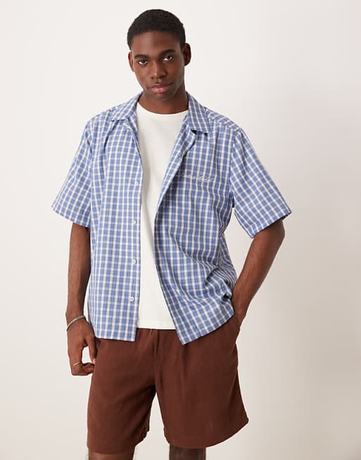 DESIGN boxy relaxed revere shirt with chest embroidery in blue