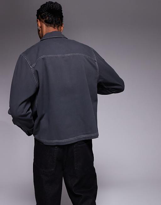 DESIGN Boxy Relaxed Shirt With Chest Embroidery In Grey