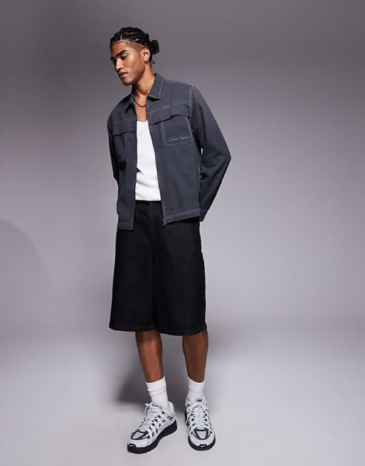 DESIGN Boxy Relaxed Shirt With Chest Embroidery In Grey