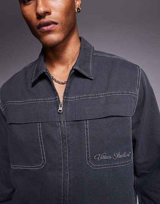 DESIGN Boxy Relaxed Shirt With Chest Embroidery In Grey