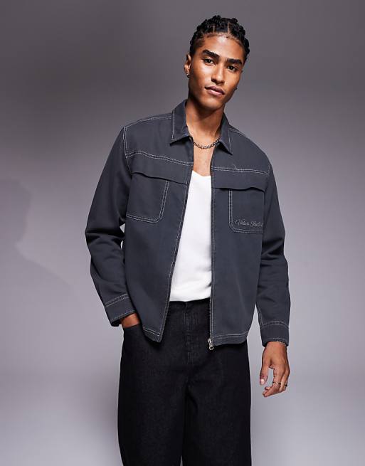 DESIGN boxy relaxed shirt with chest embroidery in grey