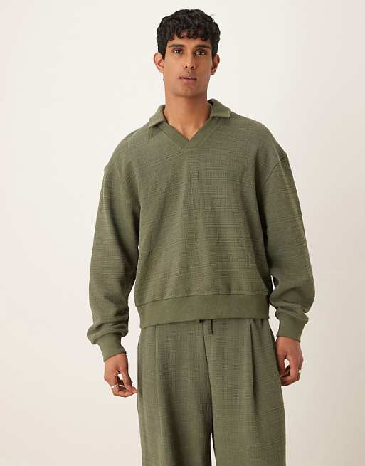 DESIGN Boxy Relaxed Smart Linen Look Polo Sweatshirt In Khaki