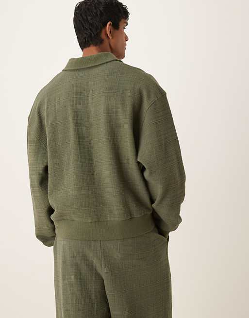 DESIGN Boxy Relaxed Smart Linen Look Polo Sweatshirt In Khaki