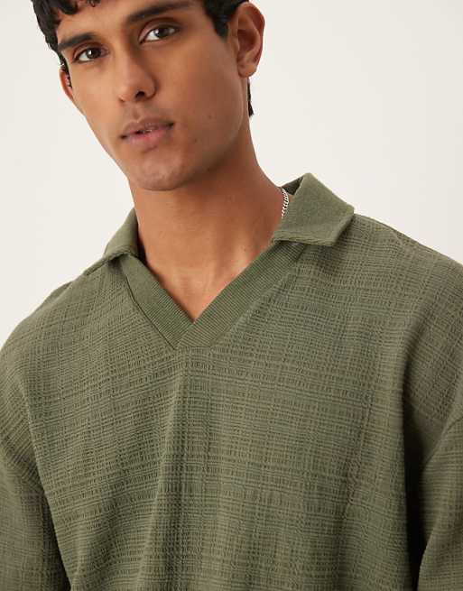 DESIGN Boxy Relaxed Smart Linen Look Polo Sweatshirt In Khaki
