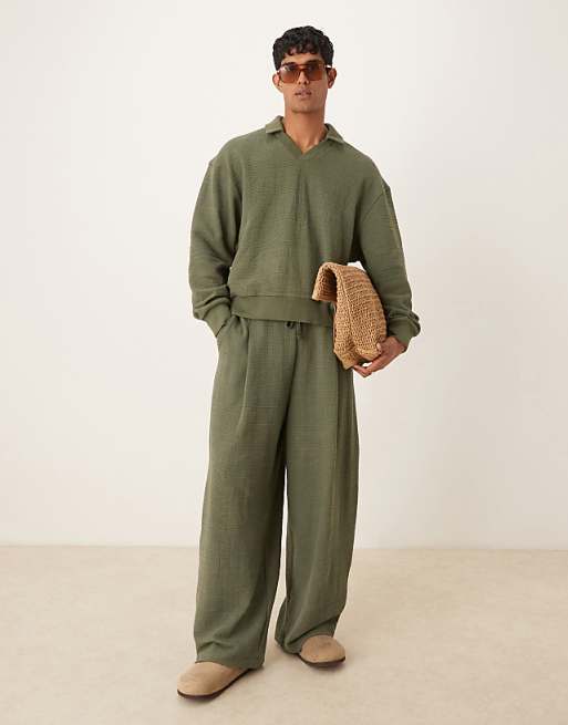 DESIGN boxy relaxed smart linen look polo sweatshirt in khaki