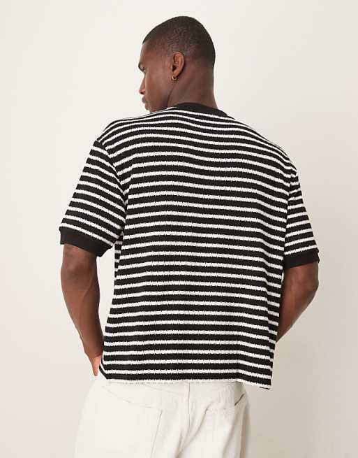 DESIGN Boxy Relaxed T-shirt In Black And White Textured Stripe