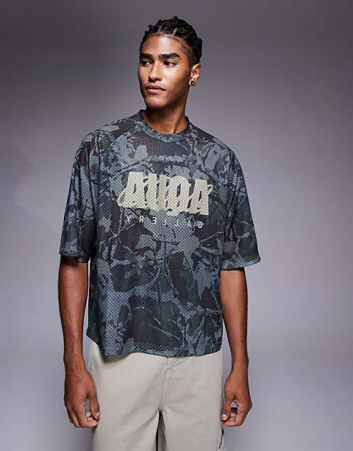 DESIGN boxy relaxed t-shirt with text graphic in camo print