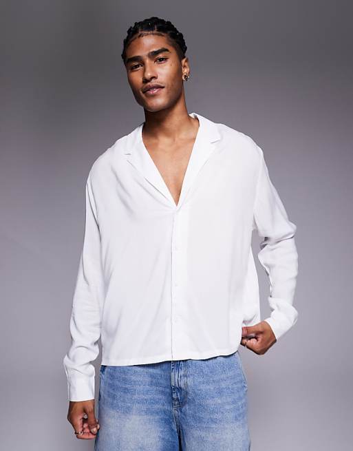 DESIGN boxy relaxed viscose shirt in white