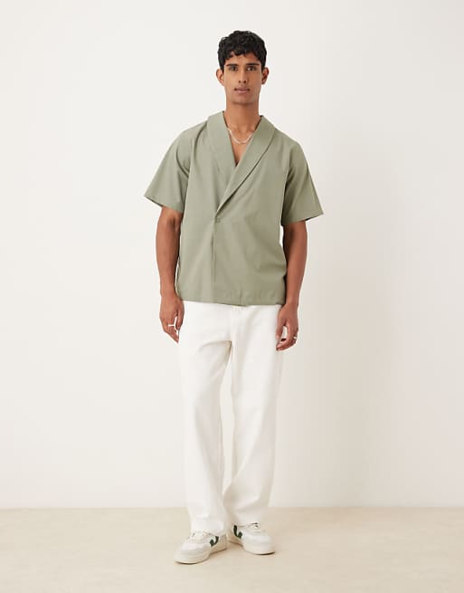 DESIGN Boxy Relaxed Wrap Shirt In Khaki