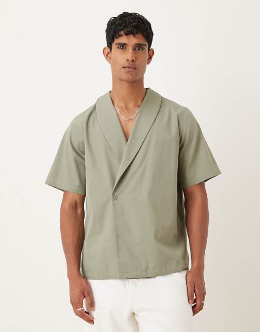 DESIGN boxy relaxed wrap shirt in khaki