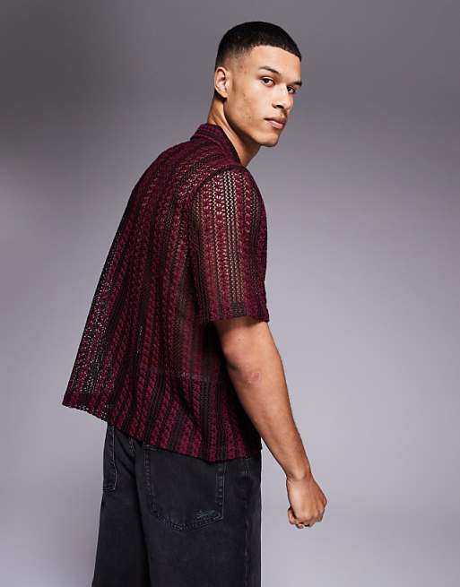 DESIGN Boxy Revere Crochet Shirt In Burgundy And Black Stripe