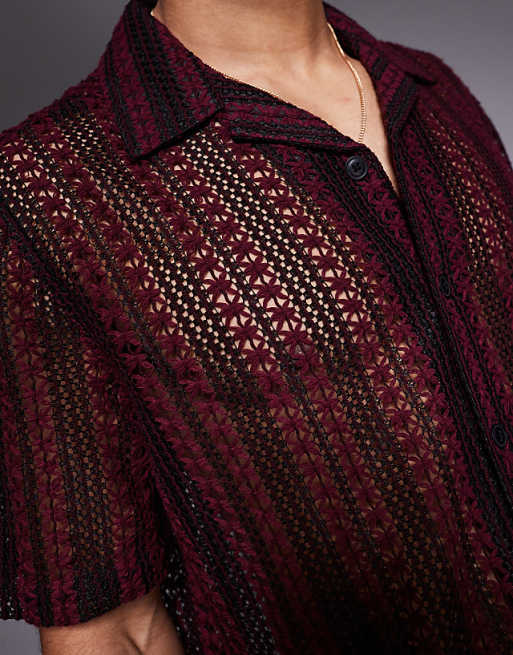 DESIGN Boxy Revere Crochet Shirt In Burgundy And Black Stripe