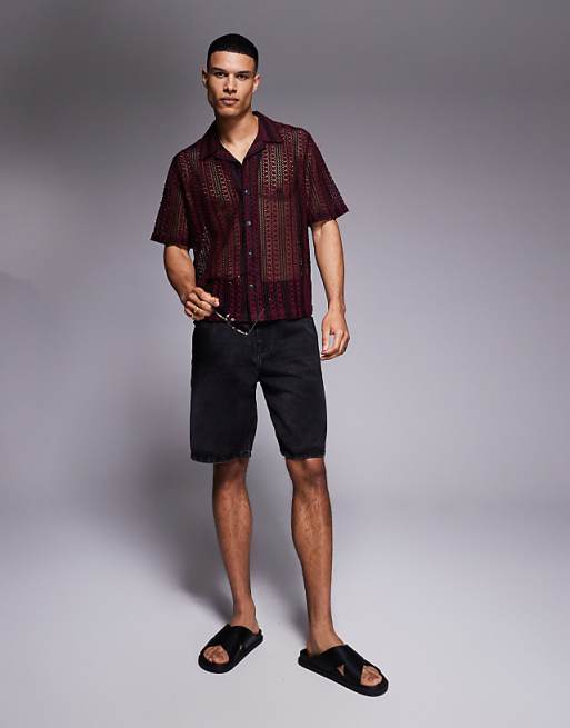 DESIGN Boxy Revere Crochet Shirt In Burgundy And Black Stripe