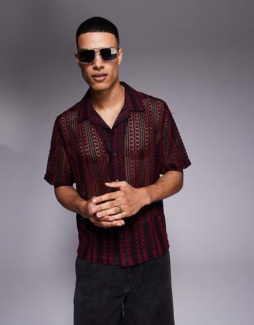 DESIGN boxy revere crochet shirt in burgundy and black stripe