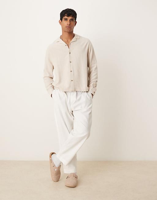DESIGN Boxy Revere Linen Blend Shirt In Stone