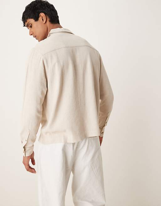 DESIGN Boxy Revere Linen Blend Shirt In Stone